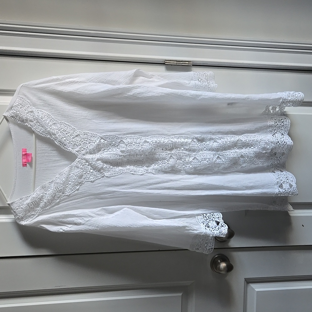 Isaac Mizrahi White Lace Trim Swim Coverup 3/4 sleeves
